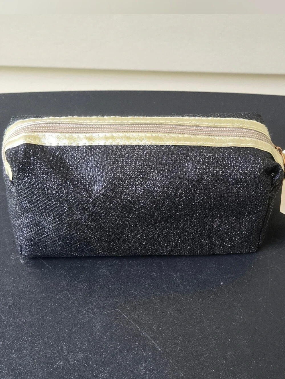 Black Glitter Zip Clutch / Cosmetic Pouch with Gold Accent